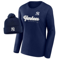 Women's New York Yankees Run The Bases Long Sleeve baseball T-shirt & Cuffed Knit Hat with Pom Combo Set - Navy Women's New York Yankees Run The Bases Long Sleeve baseball T-shirt & Cuffed Knit Hat with Pom Combo Set - Navy
