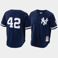 New York Yankees #42 Mariano Rivera Cooperstown Collection Mesh Batting Practice Button-Up Navy Mitchell & Ness Jersey Mens