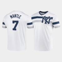 Mens New York Yankees #7 Mickey Mantle White Cooperstown Collection V-Neck Jersey
